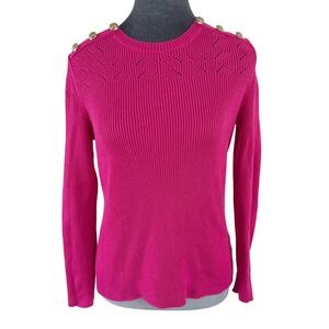 Talbots Preppy Barbiecore Fuchsia Ribbed Pointelle Sweater Gold Crest Buttons LP